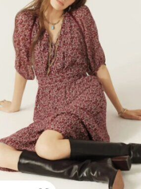 Ba&sh Robe Kama in Bordoax silk/viscose a-line textured flowy Dress Sz 2